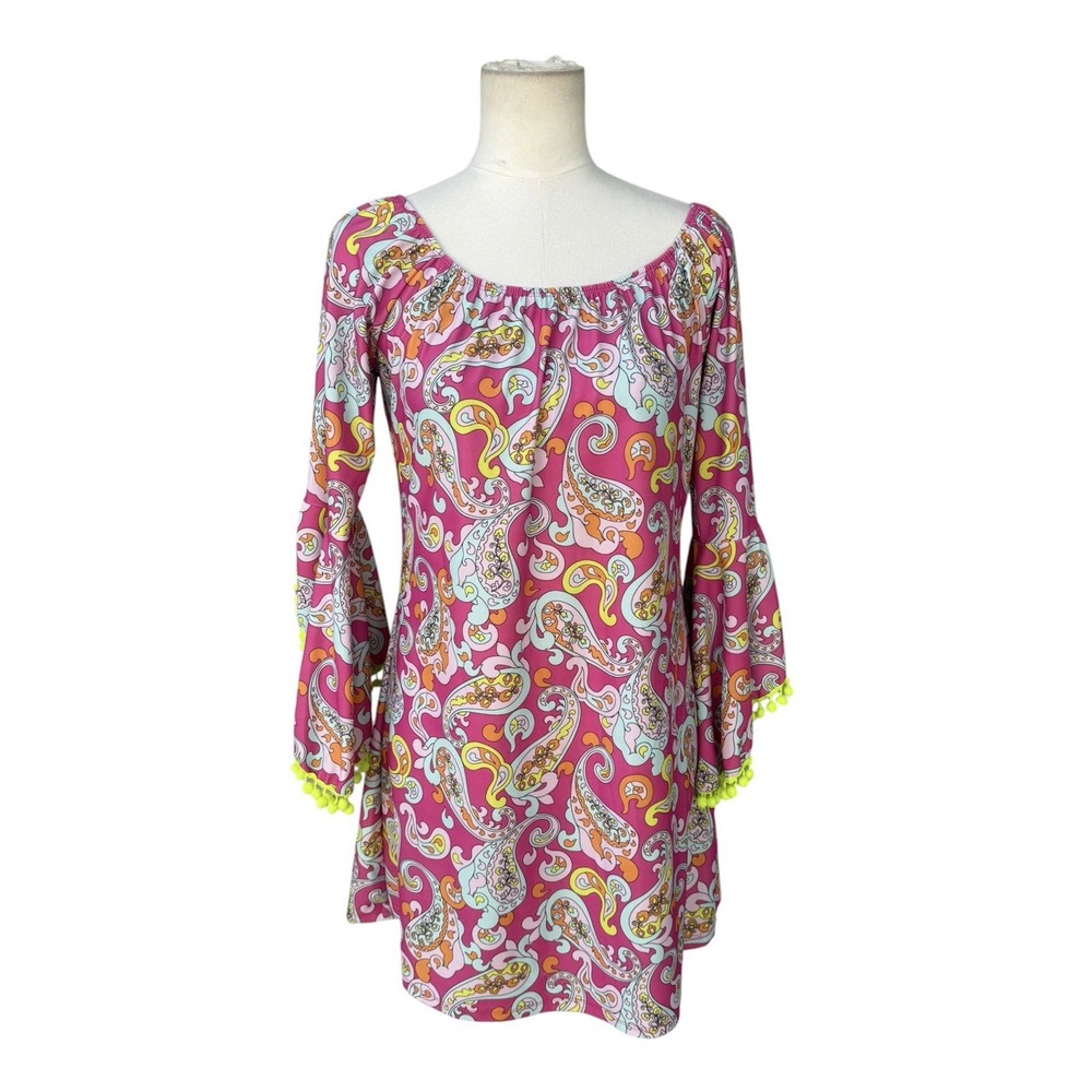 Patty Biggs Coastal Collection Pink Paisley Tunic Dress Pom Pom Trim M